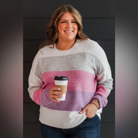 Colorblock Women’s Crew Neck Striped Pink, Purple, Gray Spring Sweater, Size M - Picture 4 of 12